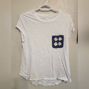 CUPIO White T-Shirt with Blue Floral Pocket